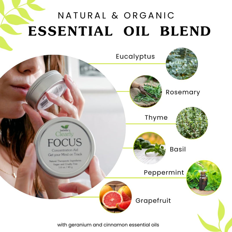Clearly FOCUS Brain Booster Concentration Aid for Attention, Memory, Mental Clarity and Performance | Stay Sharp with an Uplifting Aromatherapy Essential Oil Brain Aid for Adults and Kids