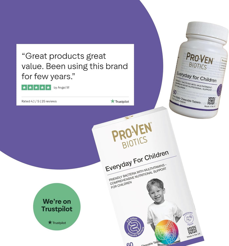 Proven Biotics Everyday for Children (4-16) | 60 Chewable Probiotic Tablets Blackcurrant | with 2.5 Billion Live Bacteria Vitamins Minerals | Immune Bone Energy Support