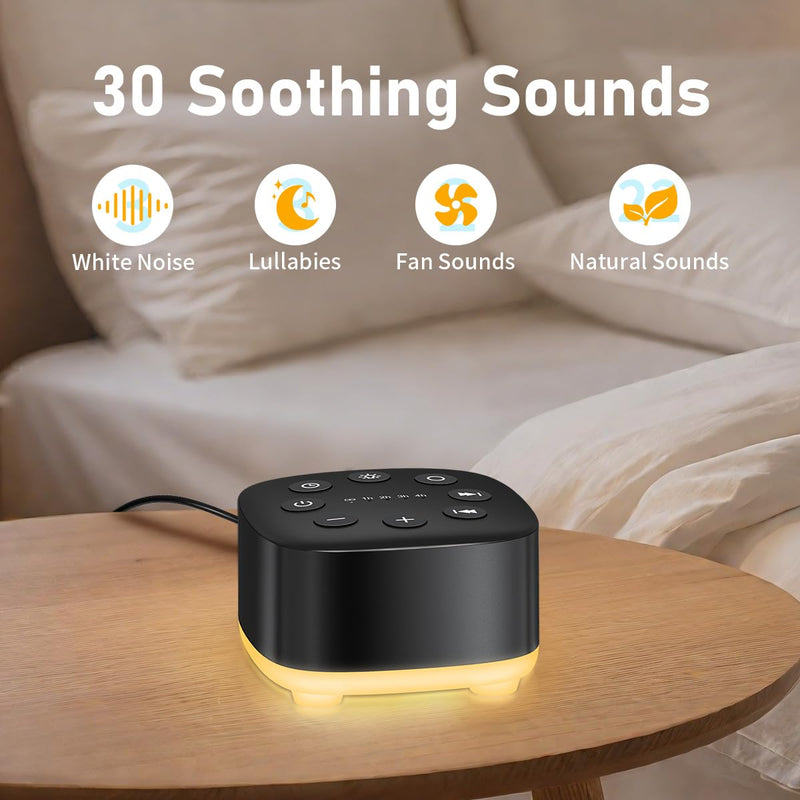[Australia] - Meditation White Noise Sound Machine 30 Soothing Sounds with 32 Volume Control 12 Night Light 5 Timers Portable Sleep Machine for Travel Powered by AC or USB Sleep Therapy for Baby Kids Adults (Black) Black 