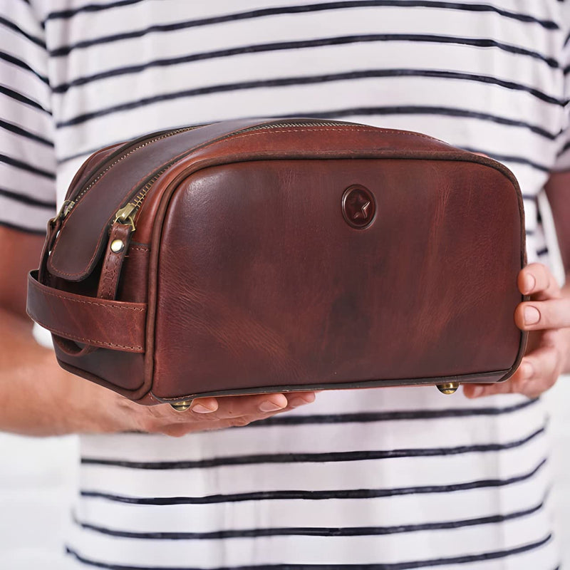 10" Premium Leather Toiletry Travel Pouch With Waterproof Lining | King-Size Handcrafted Vintage Dopp - Kit By Aaron Leather Goods (Dark Brown) Dark Brown