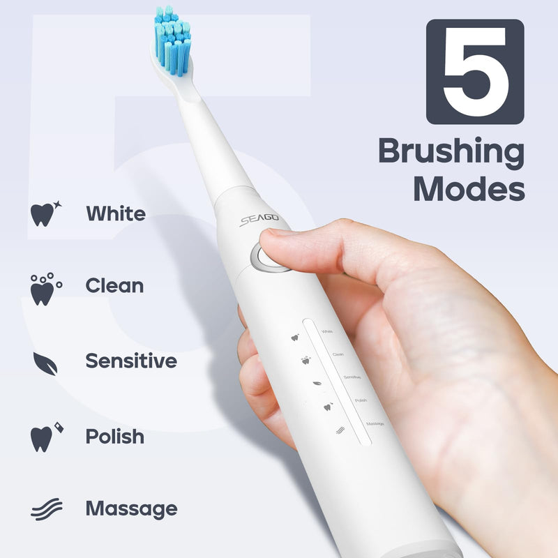 SEAGO Electric Toothbrush, Rechargeable Toothbrush for Adults Sensitive Teeth, 8 Brush Heads, 5 Modes with Teeth Whitening, Endurance 30 Days, Kids Electric Toothbrushes 6-12, SG-958(White) White
