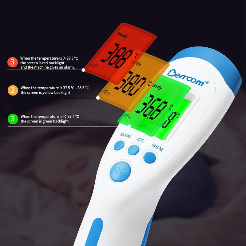 [Australia] - Berrcom Fever Thermometer Contactless Forehead Thermometer for Babies and Adults Infrared Digital Thermometer with Instant Reading, 3 Colors Fever Alarm, °C/°F Switch Fever Thermometer JXB-182 