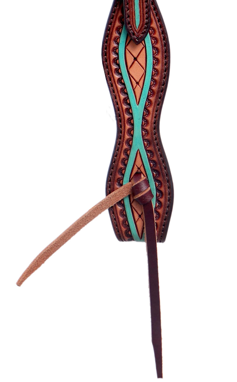 | Turquoise Painted | Tooled American Leather Spur Straps, Breastcollar,Slip Ear and Browband Headstall Slip Ear Headstall - PawsPlanet Australia