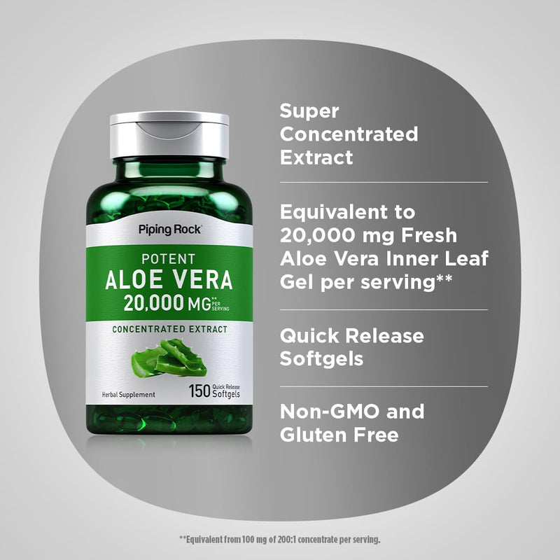 [Australia] - Piping Rock Aloe Vera Capsules 20000mg | 150 Softgels | Concentrated Extract Supplement | Non-GMO, Gluten Free 