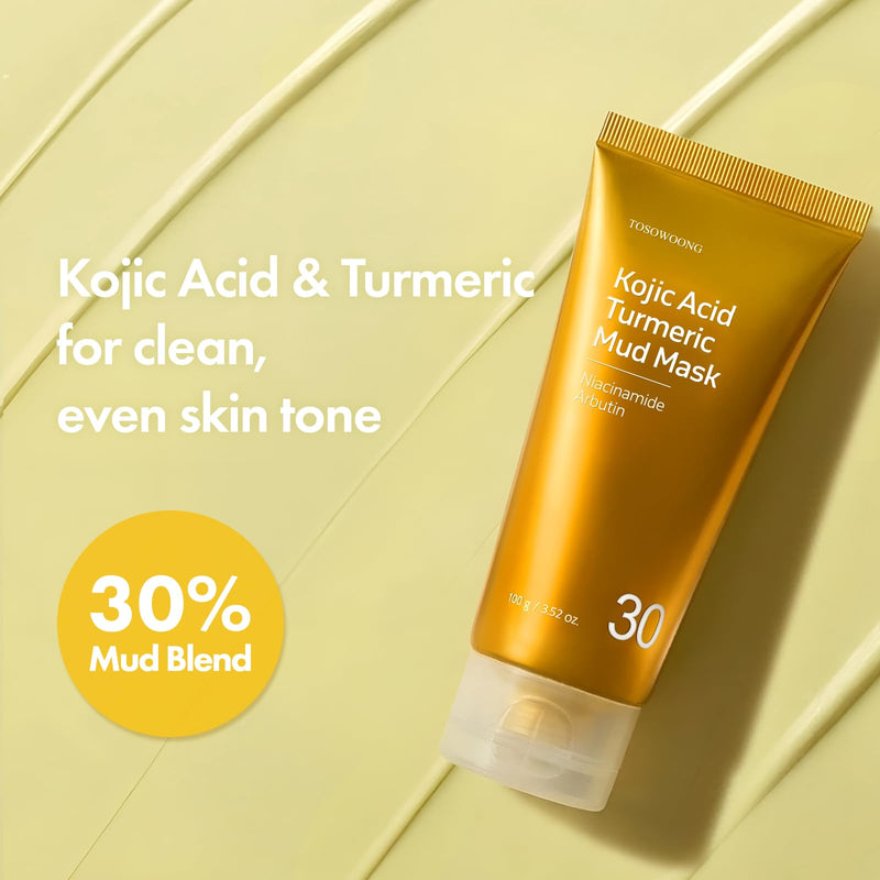 TOSOWOONG Kojic Acid Turmeric Mud Mask for Dark Spots & Pore Care, Freckles | 25% (246,019ppm) Kaolin + 5.4% (54,000ppm) Bentonite, Vitamin C, Niacinamide, Arbutin, Blackheads, Korean Skincare, 3.52 oz