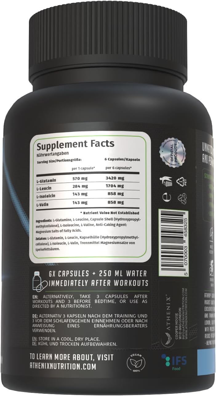Athenix® Premium BCAA + Glutamine Capsules – 2:1:1 BCAA Ratio, 3420 mg BCAAs + 3420 mg Glutamine | Muscle Recovery, Endurance & Lean Muscle Maintenance, Premium Grade Made in Germany, Vegan, 220 Caps
