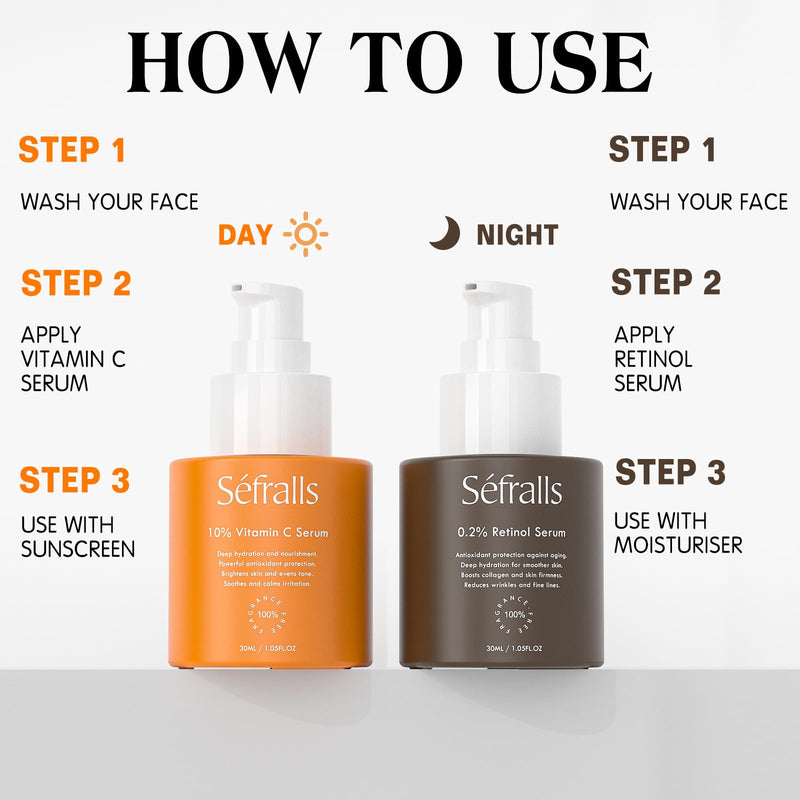 Sefralls Face Serum Duo – Retinol Vitamin C – Anti Aging Skin Care Set for Women, Anti Wrinkle, Smooth, & Firm Skin – 1 fl oz, 2 Bottles