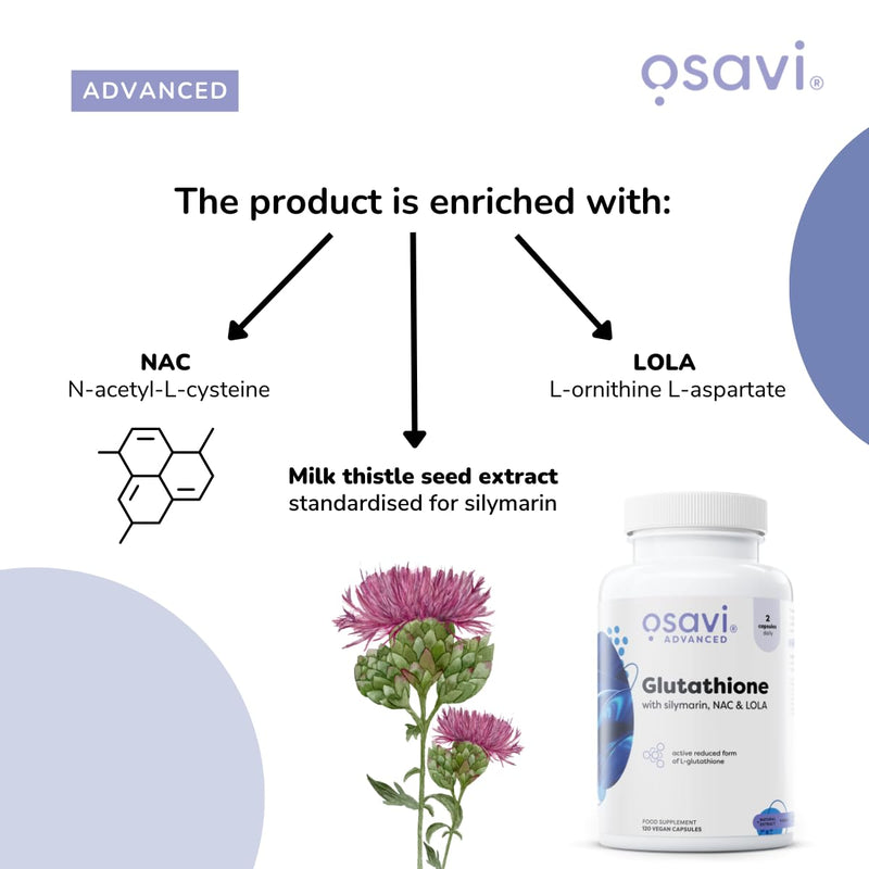 Osavi Glutathione with NAC, Silymarin & LOLA – 120 Vegan Capsules | Reduced L-Glutathione (GSH) | Milk Thistle Extract 80% Silymarin | Supports Liver & Bile Function | with N-Acetyl-L-Cysteine