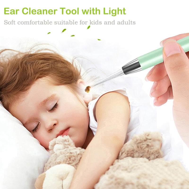 [Australia] - 4 Pack Ear Wax Removal Tool Kit with Light, Ear Pick Ear Cleaning Tools Set for Kids and Adults, Ear Picks Digger & Tweezers & Spiral Spring Ear Spoon with Storage Box (Green) Green 