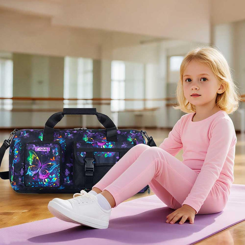 Girls Travel Duffle Bag for Girls 18 Inch, Water-Resistant Sports Bag with Separate Shoe Compartment for Gym, School, Overnight Trips, Camping & Sleepovers, Black Butterfly Girls Travel Duffle Bag - Black Butterfly