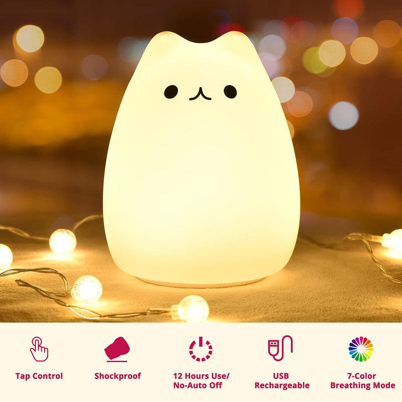 [Australia] - GoLine Cat Lamp, Cute Kitty Night Light, Gifts for Women Teen Girls Baby, Night Lights for Kids Bedroom, Cute Christmas Kitty Silicone Nightlights for Children Toddler. Celebrity Cat 6 Inch Tap 