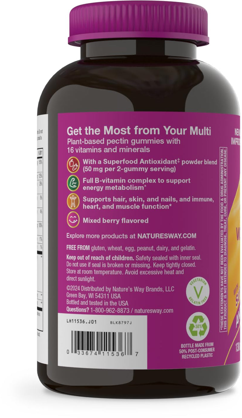 Nature's Way Alive! Women’s Multivitamin Gummy, Vitamins A, C, D3, E, 130ct | Berry Flavored, Daily Chewable Multivitamins for Women, B-Vitamins, Supports Immune, Heart, & Muscle Function* 130 Count (Pack of 1)