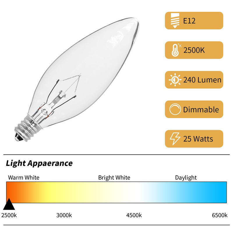 [Australia] - 12-Pack E12 Candle Light Bulbs 25W Warm White 2500K, 240 Lumen Dimmable Chandelier Light Bulbs for Ceiling Fan, Pendants or Outdoor, B10 Clear Candelabra Base Bulbs 25W-12Pack 