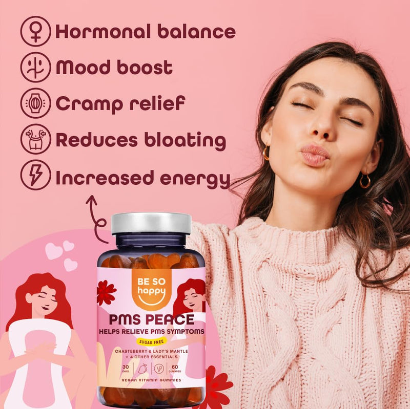 PMS Peace Gummies with Saffron and B Vitamins for Women, Vegan Formula for Premenstrual Support, 60 Gummies. BE SO HAPPY