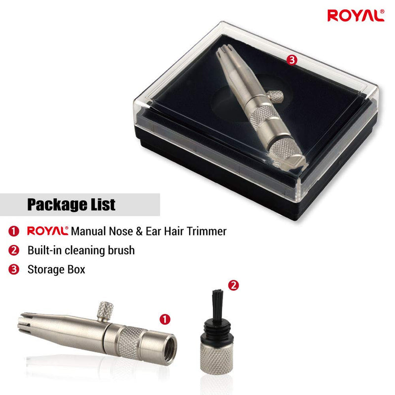 ROYAL [Made in Korea] Premium Manual Nose Hair Trimmer for Men Silver Bullet, Battery-Free, Stainless Steel Rotary Blade Grooming Tool, Waterproof, Safe & Painless with Patented Mechanism, ET-3 Stainless Gray