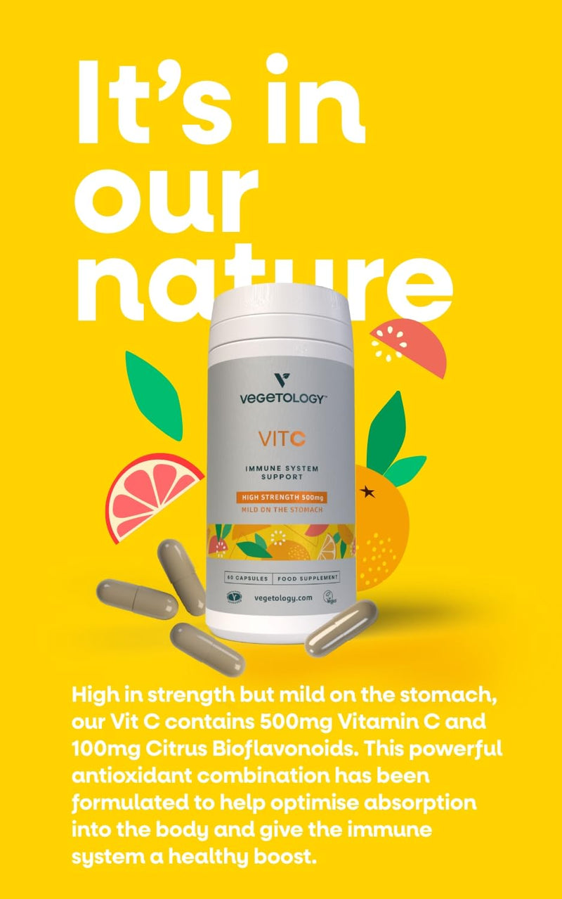 Vegetology Vitamin C Capsules High Strength, 500mg, Gentle Absorption, Sustainably Synthesised, Collagen & Metabolic Support, Vegan, Non GMO