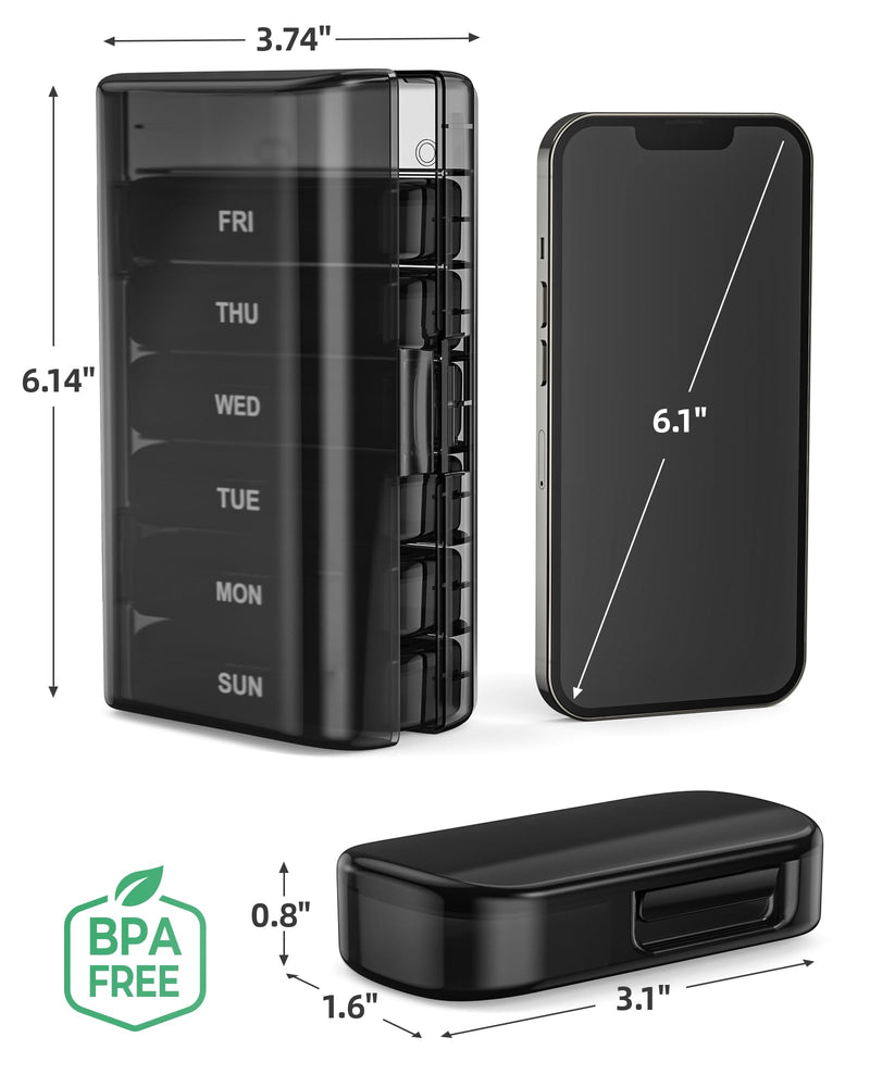 [Australia] - PULIV Pill Organizer with Large Capacity, Dual Protection Pill Box 7 Day, Arthritis Friendly Pill Case Easy to Open, Weekly Medicine Organizer for Vitamins, Medications, Fish Oils, Supplements (Black) Black 