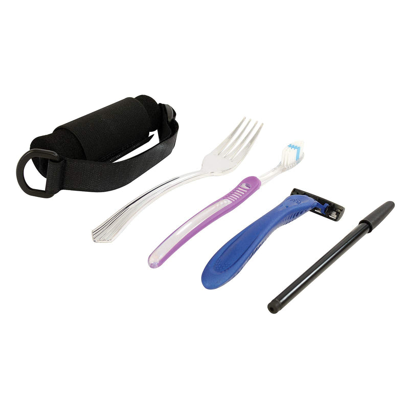 [Australia] - Sammons Preston Universal Holder Strap for Elderly, Hand Cuff with Pocket for Holding Cutlery, Pens, Toothbrushes, & Daily Living Tools, Adjustable Velcro Implement Holder for Weak Grip and Arthritis 1 
