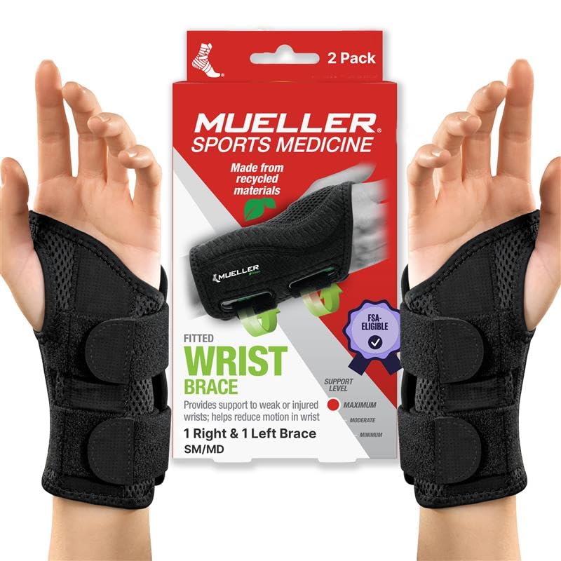 MUELLER Sports Medicine Green Fitted Wrist Braces, 2 Pack, Wrist Pain Relief Support for Men and Women, Ideal for Carpal Tunnel, Tendinitis, Arthritis, Black, Right and Left, Small/Medium