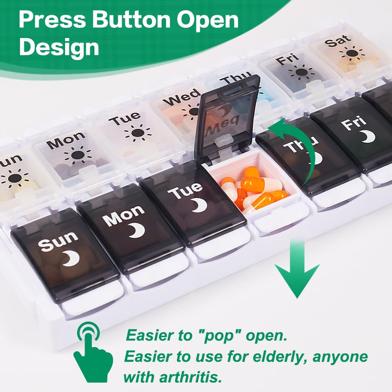 Shintop Weekly Pill Organizer 2 Times a Day, 7 Day Am Pm Pill Box | Arthritis-Friendly Push Buttons, Removable Lid, 14 Large Compartments for Vitamins and Fish Oil, BPA-Free PP, Silicone Hinges Black&white