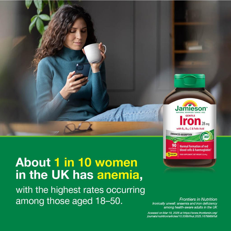 Jamieson Iron 28 mg, with Folic Acid, Vitamin B2, Vitamin B12, and Vitamin C, to Reduce Tiredness and Fatigue, with Enhanced Absorption, and Gentle on the Stomach. 90 Vegetarian Capsules