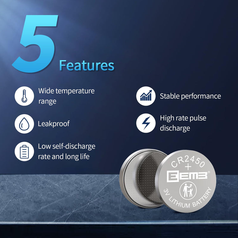 [Australia] - EEMB 5 PACK CR2450 Battery 3V Lithium Battery 2450 Button Coin Cell Batteries DL2450、ECR2450、BR2450 for Watch Tea Lights Votive Candles Alarm System Car Key Fob Remote Control Calculators Toys Games 