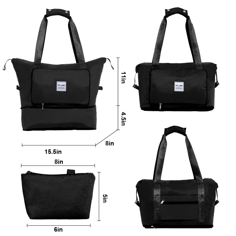Oflamn Large Capacity Foldable Travel Carry On Duffel Tote Bag with Trolley Sleeve for Airplanes, Toiletry Bags for Women Men Black