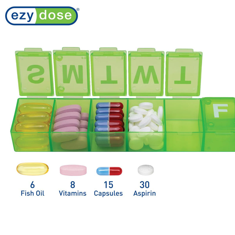 EZY DOSE Weekly (7-Day) Pill Case, Medicine Planner, Vitamin Organizer Box, Convenient and Easy to Use, X-Large Compartments, Travel Friendly, Color May Vary (Randomly Selected), BPA Free Green, Purple, Blue Or Black X-Large 7.4"x1.5"x0.9"