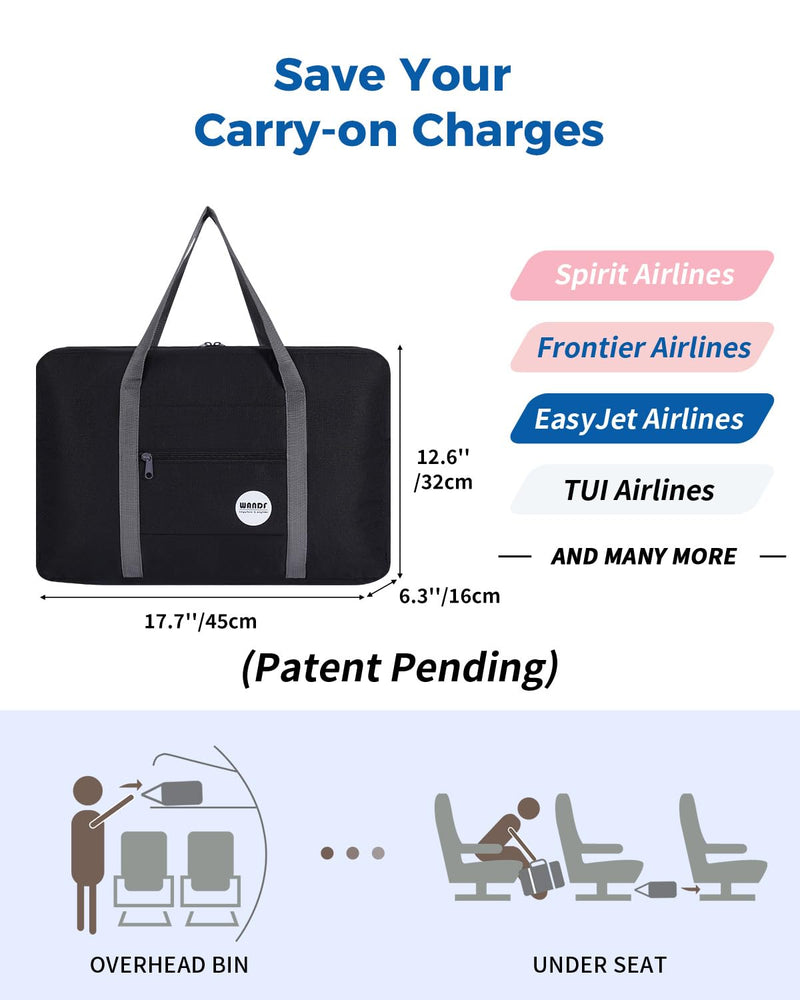 WANDF Personal Item Travel Bag, Carry On Duffle Bag Women | 18x14x8 inches, Airline Underseat Aprroved, Weekend Overnight Trips, Lightweight Packable 17.7 x 6.3 x 12.6 inches F-Black+Pink