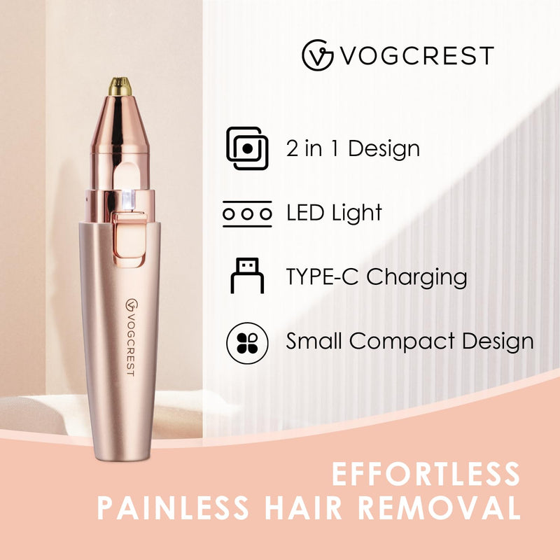 [Australia] - VG VOGCREST Eyebrow Facial Trimmer 2 in 1 Rechargeable Facial Hair Removal and Eyebrow Shaver - Face Lips Body Painless Facial Razor with Built-in LED (Rose Gold) Rose Gold 