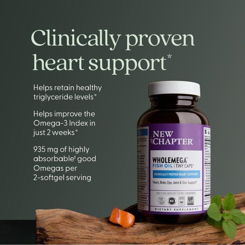 New Chapter Wholemega Tiny Capsule Fish Oil, 180 Count | 2000 mg per Serving, Wild Alaskan Salmon Oil with Omega-3, Vitamin D3, and Astaxanthin, 500 mg Each, Clinically Proven 180 Count (Pack of 1)