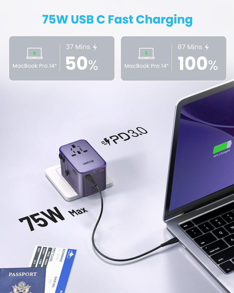 VINTAR GaN Universal Travel Adapter 75W, 6-in-1 with 3USB-C PD & 2USB-A QC | International Power Adapter for EU/UK/US/AU, Fast Charging for Laptops/Tablets/Phones, Type C/G/A/I Plug, Purple 75W Purple
