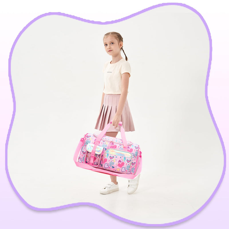 Duffle Bag for Kids Travel Bag for Girls Dance Bags for Kids Overnight Bags for Teen Girls with Shoe Compartment S-Love Pink Flower