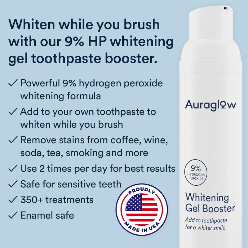 [Australia] - Auraglow Whitening Gel Booster, Add to Toothpaste to Whiten, Teeth Whitening Toothpaste Gel, 9% Hydrogen Peroxide Whitening Gel, 350+ Whitening Treatments, 6-Month Supply, 2.6oz 