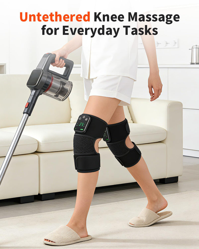 Cordless Knee Massager with Heat and Vibration for Pain Relief - Electric Heated Knee Brace Wrap with 3 Heat Levels & 3 Massage Modes, Portable Arthritis Joint Therapy for Men & Women (Black, Single) 1PC