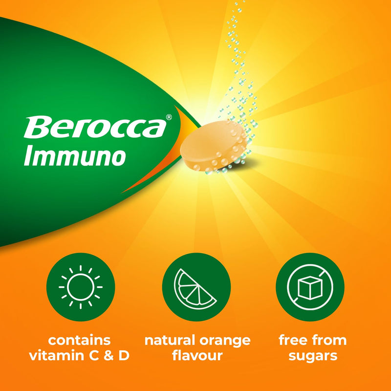 Berocca Immuno Effervescent Tablets, 11 Vitamins and Minerals, Including Vitamins D, C, A, B9, Zinc and Iron to Help Support Your Immune System and B6 and B12 Support Energy Release, Green, 30 Tablets