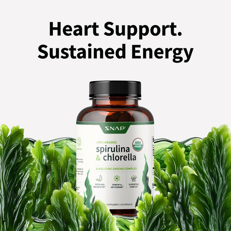 [Australia] - Snap Supplements USDA Organic Spirulina Chlorella Capsules - Green Superfoods for Natural Energy and Metabolic Health, 120 Capsules 