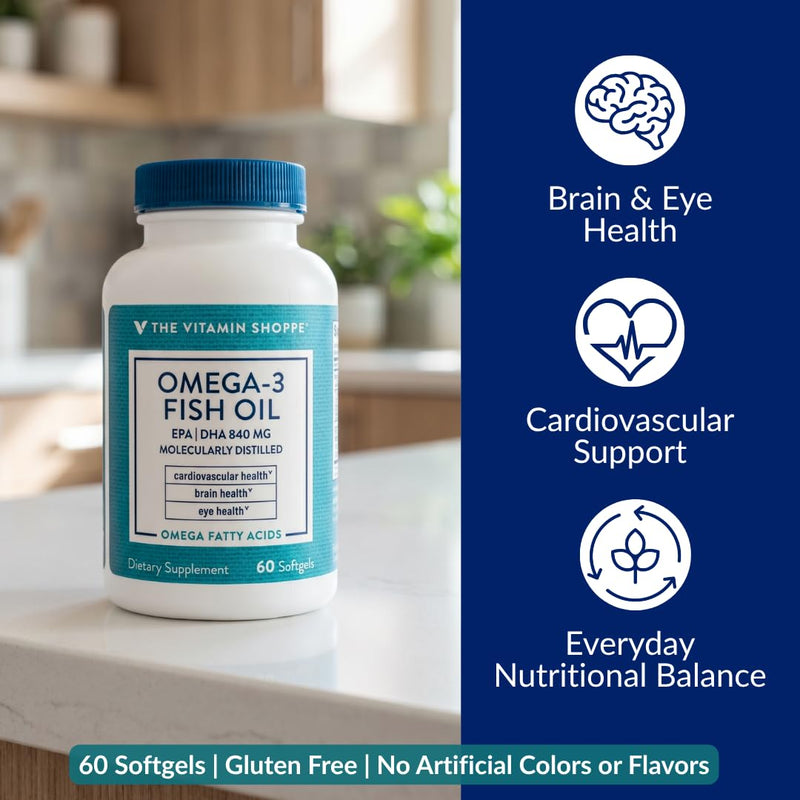 The Vitamin Shoppe Brand Omega 3 Fish Oil 1100 MG, Unflavored, 60 Softgels | EPA & DHA Softgels, Fish Oil Supplement for Men and Women, Gluten Free, Dairy Free, 60 Softgels 60 Count (Pack of 1)