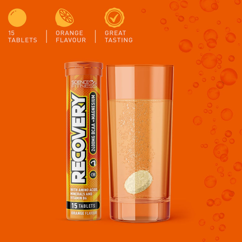 Recovery Effervescent- Orange Flavour | BCAA 2400mg with B6 and Magnesium| 6x15 Tablets| Science Fitness 15 count (Pack of 6)