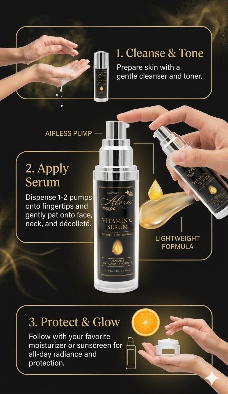 Southern Alora Vitamin C Serum for Face with Hyaluronic Acid | Dark Spots & Hyperpigmentation Treatment, Brightening, Anti Aging, Hydrating Lightweight