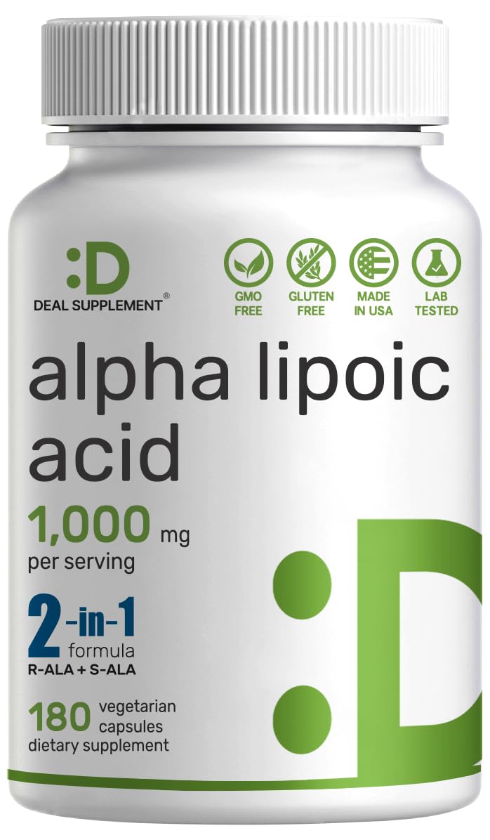 Alpha Lipoic Acid 1,000mg, 180 Veggie Capsules – 50/50 R-ALA & S-ALA for Max Bioavailability – Antioxidant Supplement – Energy & Nervous System Support – Non-GMO ALA 1000mg 2-in-1 180 Count (Pack of 1)