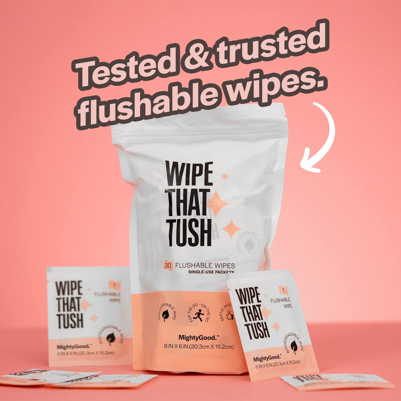 [Australia] - Wipe That Tush On-The-Go Flushable Wet Wipes - 1 Pack, 30 Wipes - Individually Wrapped Extra-Large Wipes with Aloe - Hypoallergenic & Unscented - Septic and Sewer Safe Fresh 30 Count (Pack of 1) 