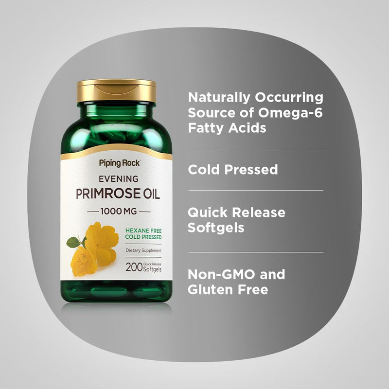 [Australia] - Piping Rock Evening Primrose Oil Capsules 1000mg | 200 Softgels | Cold Pressed Supplement | Non-GMO, Gluten Free 