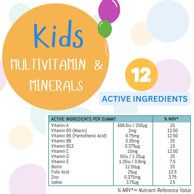 Multivitamin Gummy for Kids - 60 Natural Berry Flavoured Vitamins & Mineral Gummies for Children - Free from Artificial sweeteners - Vitamins D, C, A, B, & E chewable Supplements 3 Years +