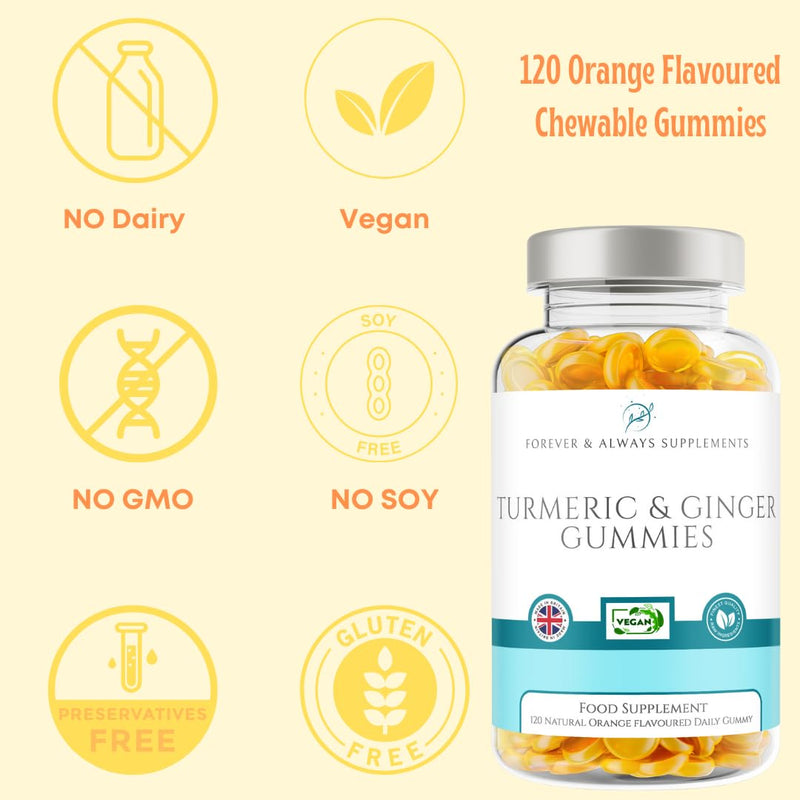 Turmeric Gummies & Ginger - 120 x Orange Flavoured High Strength 13500mg of Turmeric Curcumin Per Serving, 2 Months Supply Daily Vitamin Gummies for Adults, Joint Supplement