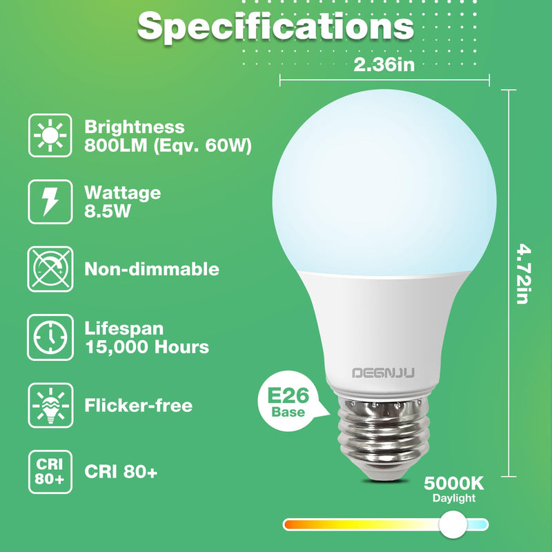 [Australia] - LED Light Bulbs Daylight 5000K, 60 Watt Equivalent LED Bulbs, A19 Standard Bulbs, 800 LM, 15000 Hours, E26 Base, Non-Dimmable, 8.5W LED Bulbs for Bedroom Living Room 24 Pack 60w-daylight 