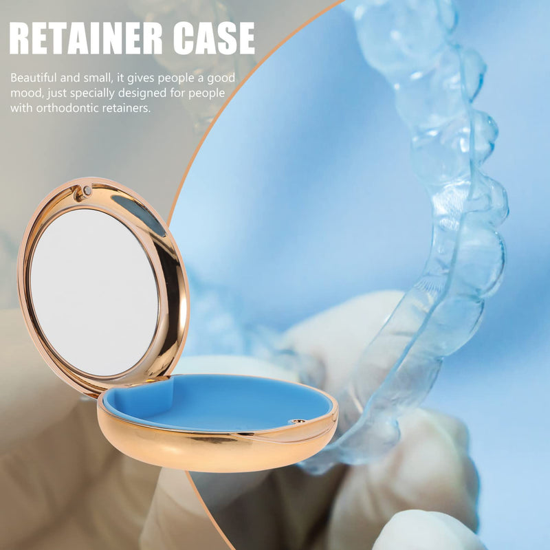 [Australia] - Healifty Portable Dental Retainer Box Dental Braces Case Practical Invisible Denture Case Dental Mouth Guard Case with Mirror Oral Care Box (Golden), 8.7X2.7CM 