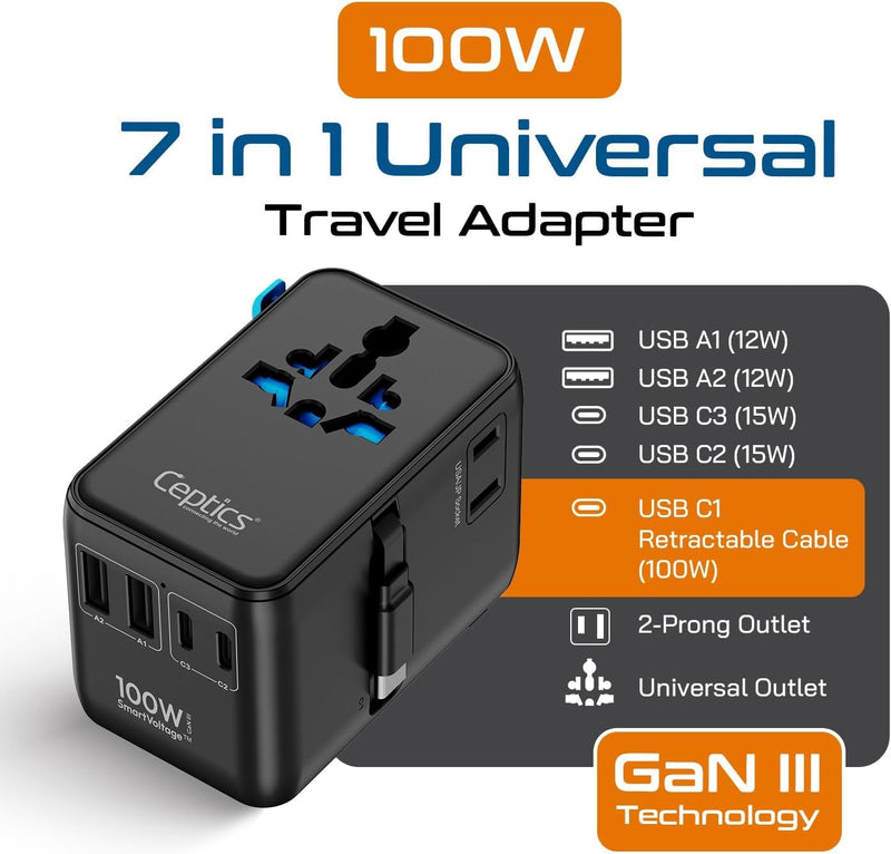 Ceptics GAN 100W Universal Travel Adapter with Retractable USB-C Cable, 2X USB-A & C, Universal Input and 1x USA/JP Input, 7 in 1 Universal Adapter for Worldwide Travel - Type A, C, G, I Output Black/Blue