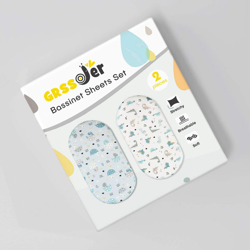 [Australia] - GRSSDER Stretchy Ultra Soft Fitted Bassinet Sheet Set 2 Pack, Universal Fit for Bassinets Baby Cradle Moses Basket Oval Rectangle Pad/Mattress, Happy Dinosaurs Bassinet Sheets for Girls and Boys Blue 