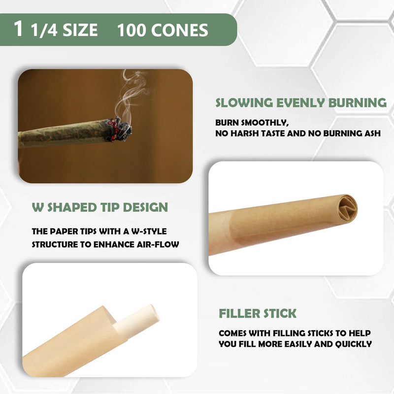 [Australia] - Pre Rolled Cones 1 1/4 Size 100 Pack, Natural Unbleached Cones Rolling Papers with W-shaped Tips, Slow & Even Burning Preroll Cones Packing Tubes Included for Party Gift (84mm) Classic-100 Count 